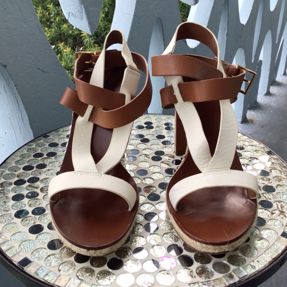 Tory Burch Marbella Two-Tone Brown and Cream Leather Strappy High-Heel Sandals
